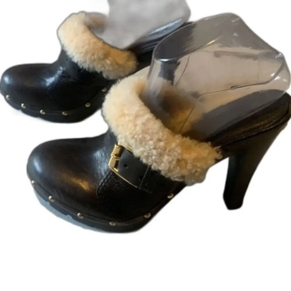 Michael Kors Studded Black Leather Wood Platform Clogs Size 9 Shearling Mules - Picture 2 of 12